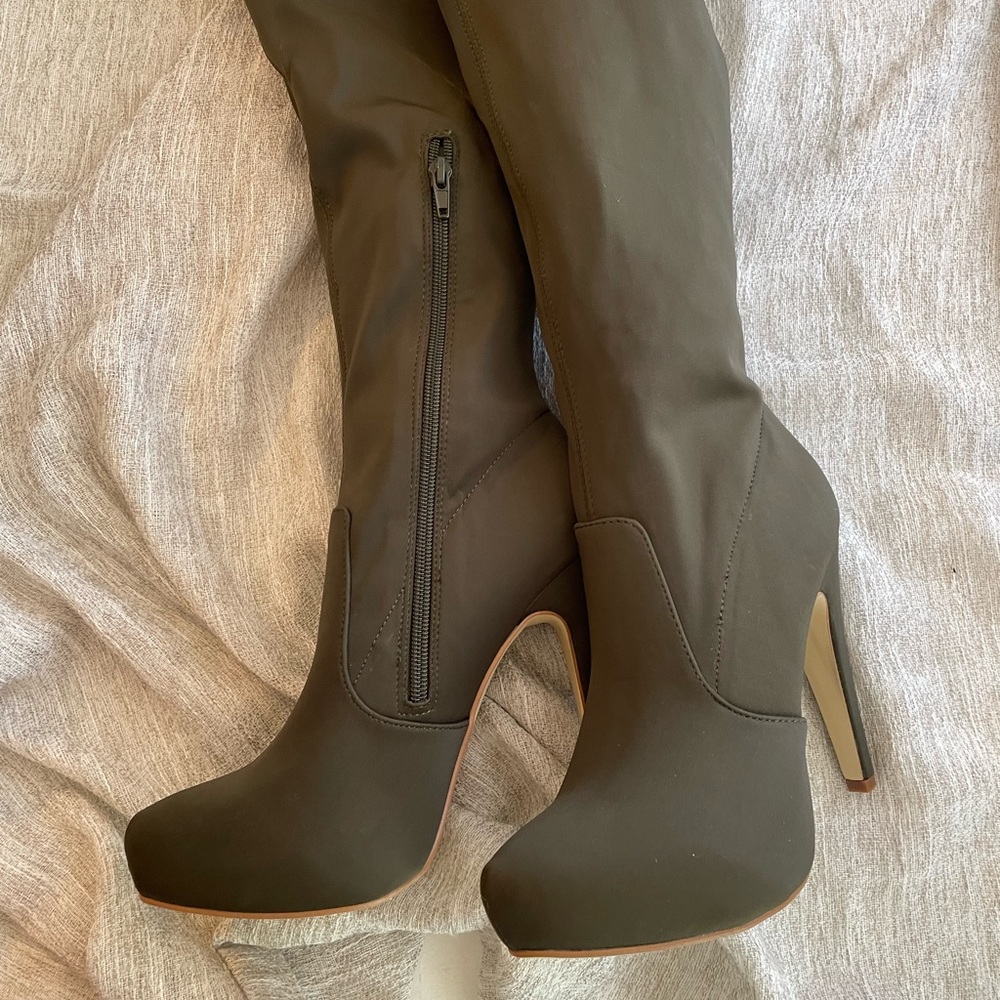 NWOT Thigh High Olive, Dark Green High Heel Boots